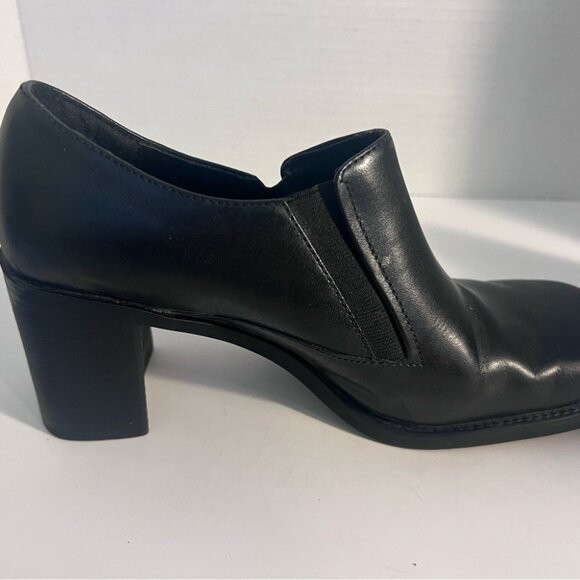 Black Leather Square Toe Slip-On Heeled Shoes Size 8 Womens - Picture 3 of 4